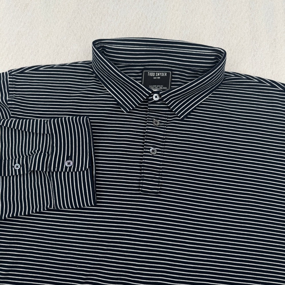 Todd Snyder Mens XXL Navy Blue Striped Long Sleeve Polo Shirt 100% Cotton Casual